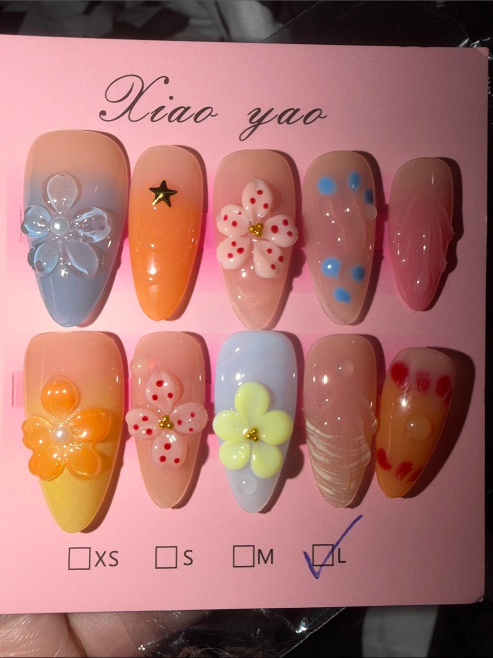 Xiao yao Floral 3D Press-On Nail Set - Pastel Pink, Peach & Blue